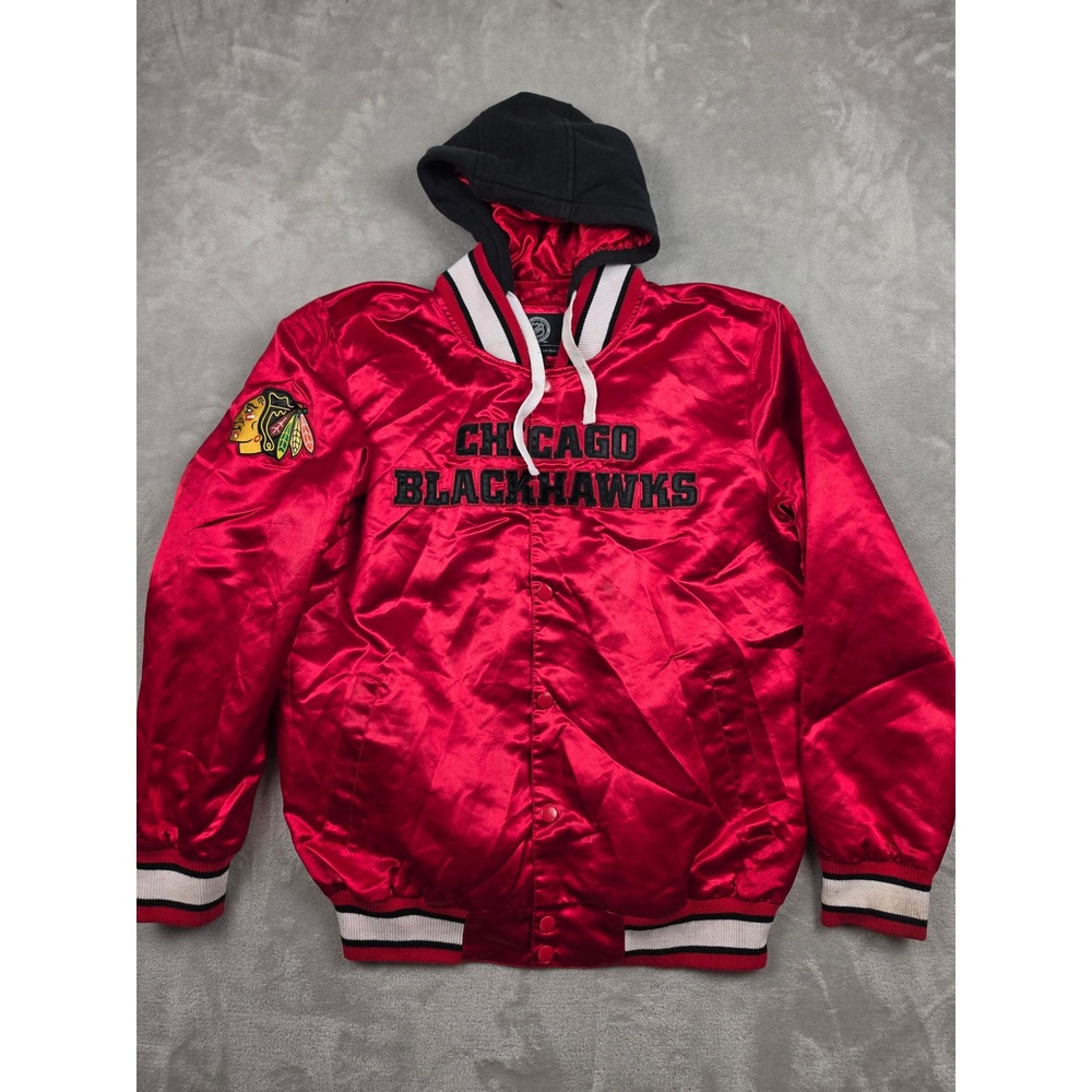 Chicago Blackhawks Jacket Mens Large Red Satin Hooded Varsity NHL Bomber‎ *Read